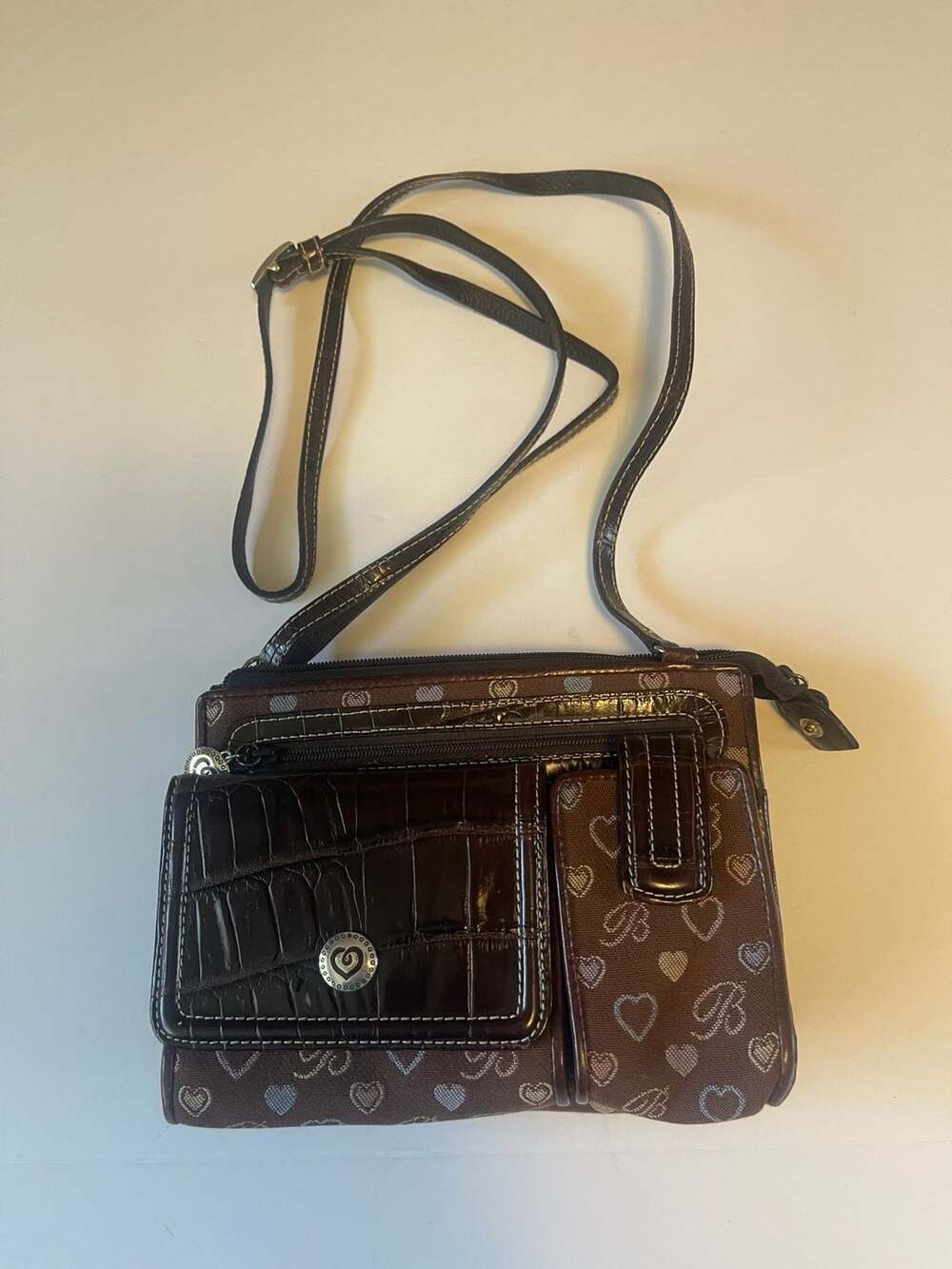 Brighton Heart & B Pattern Organizer Crossbody Bag Brown Croc Leather